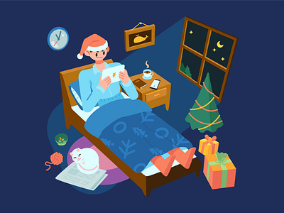 December blue box cat christmas christmas tree coffee dark december flat gift illustration lockdown nightmode reading red room sleep stylish vector window