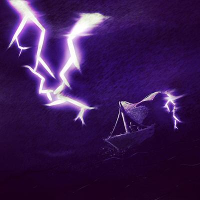 Caught in a Storm, but with a Friend boat dog illustration lightening procreate sea