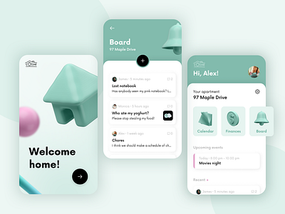 cOlive: the app for housemates 3d apartment app flatmate home mint mobile app pastel soft