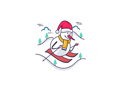 Snowman Skiing Xmas flat vector icon hills holiday illustration landscape skiing snow falling snowman sports