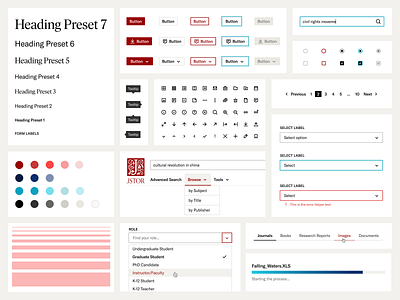 JSTOR Design System Components, UI Kit a11y accessibility buttons checkboxes components design system design tokens focus state iconography inputs jstor pagination progress bar radio buttons spacing system text inputs typography ui ui kit