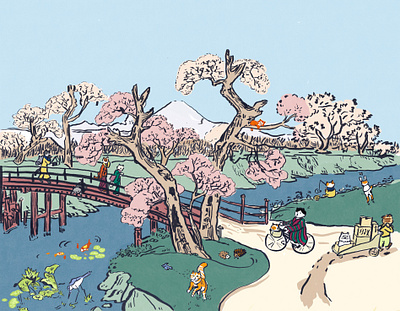 Hanami cats illustration japanese