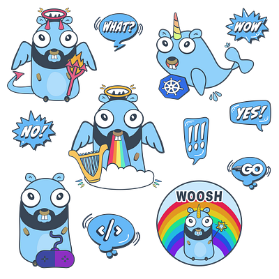 Golang Gopher Sticker pack + kubernetes. Programmer t-shirt developer engineer go golang gopher language logo mascot programmer programming sticer