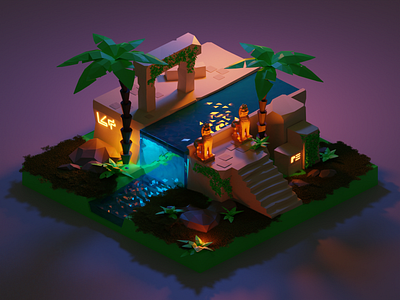 Ancient Ruin 3d 3d art 3d illustration 3d render blender grass graswald palm tree ruin waterfall