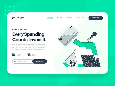 Fintech Investing Startup Landing Page 1 2d bank banking blockchain budgeting business character credit card finance fintech flat green illustration invest investing landing page money ui ux web design