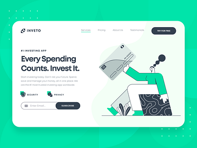 Fintech Investing Startup Landing Page 1 2d bank banking blockchain budgeting business character credit card finance fintech flat green illustration invest investing landing page money ui ux web design