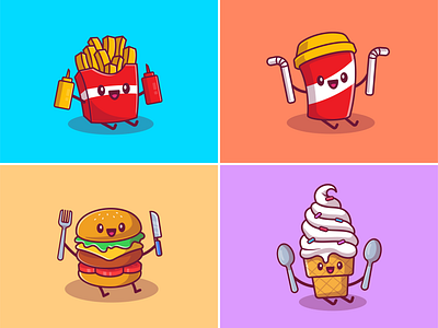 Cute Fast Food 🍔🍟🥤🍦🌮🌭🥪🍿 burger character cute drink fastfood food food and drink french fries hotdog ice cream icon illustration kawaii logo mascot meal popcorn sandwich soda taco