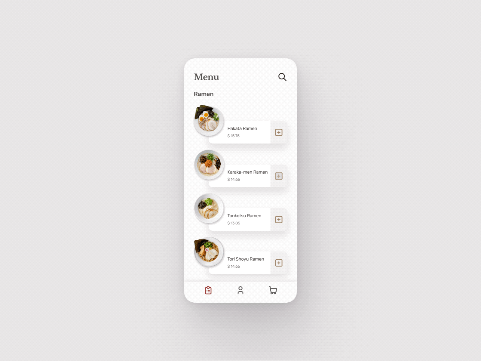 Add to Cart add to cart app food app interaction design menu motion design ramen typography ui ux