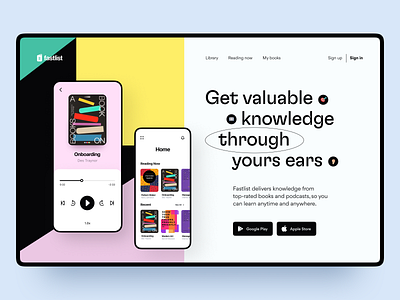 Fastlist: Hero exploration app audio app audiobook brand identity design system e learning ebooks edtech education education website hero section landing page product design