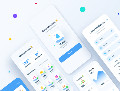 Water Tracker App achievement app application challange design drink drinks figma habit health hydro interface log mobile screens tracker ui userinterface ux water