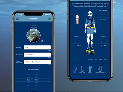 Breathe Scuba Dive Log App - Profile & Equipment Views app app design blue app dark blue dive dive log diver diving edit view equipment ios ios app ios app design manage equipment profile view scuba diving settings uidesign uiux user experience design