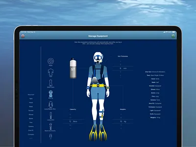 Breathe Scuba Dive Log App iPad - Equipment View app app design blue dark blue dive log diving edit view equipment ios ios app ios app design scuba diving user experience user experience design user interface design