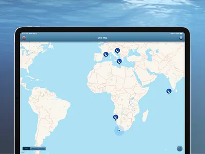 Breathe Scuba Dive Log App app app design dark blue dive log ios ios app ios app design map map pins map view maps pins scuba diving user experience design user interface design