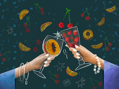 Cherries & Peaches artwork best friends besties celebration chery couple demet kural design digital digital drawing drawing friends fruits glass illustration illustrator peach people procreate toast