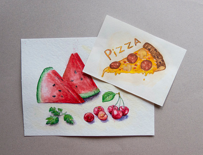 Favorite food berries cherry food freehand drawing graphics illustration liner merry pizza sketch watercolor watermelon