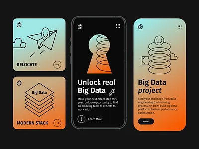 Big Data - Hiring Company Website app big data black and white black app black design black ui clean development gradient illustraion it company line illustration line illustrations minimal mobile app mobile app design mobile design mobile ui simple design web