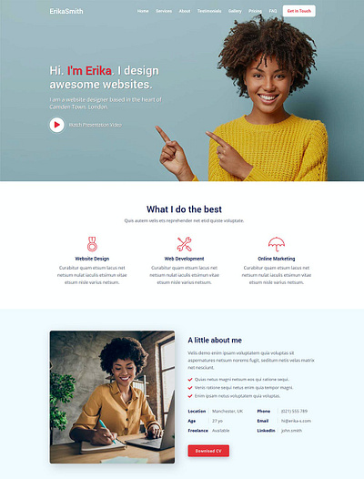 Erika - Portfolio, CV And Resume HTML Template cv cv template design landing page marketing one page portfolio resume themeforest