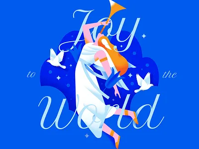 Joy to the World angel bird blue bright celebration christmas festive flat flying gradient heaven illustration lockup neon pastel people pigeon texture vector woman