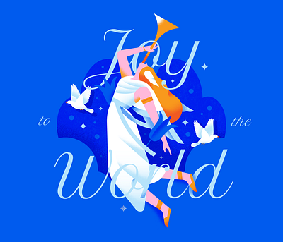 Joy to the World angel bird blue bright celebration christmas festive flat flying gradient heaven illustration lockup neon pastel people pigeon texture vector woman