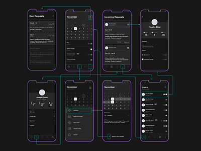 Dark wireframe calendar dark mode dark ui design ios minimal pczohtas planner requests time management uidesign user flow uxdesign uxui vacation wireframe