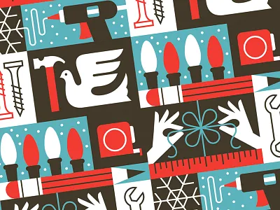 Holiday Pattern bird bow christmas christmas lights dover gift hammer hands holidays hot glue lights pattern pencil presents ruler screws snowflake tools wrapping paper wrench