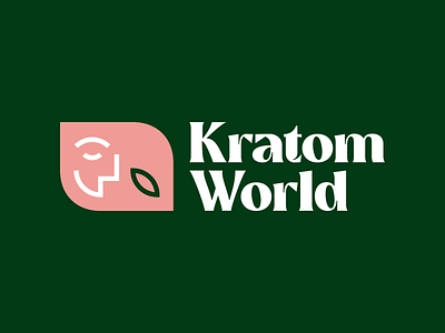 Kratom World logo branding dutch emblem face green human identity leaf logo pink serif world