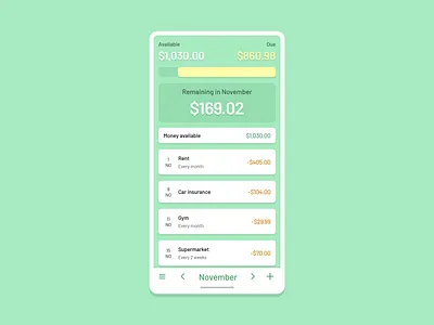 CostList App - Expense List with total and month change android appbar bills bottom cards detail due expense green income light list mobile mobile app navbar new pay shadow white yellow