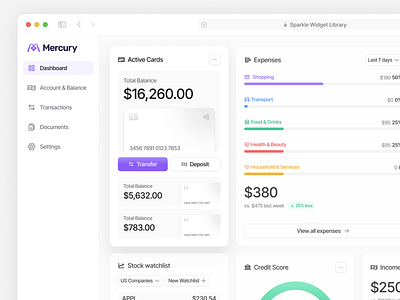 Mercury - Finance Dashboard card colors dashboard finance fintech minimal payment ui widgets