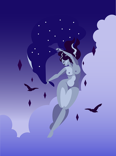 Nyx - The goddess of night adobe illustrator blues characterconcept characterdesign digital art fantasy fantasy art flat illustration geometric goddess gradient illustration illustrator movement mythology purple women women in illustration