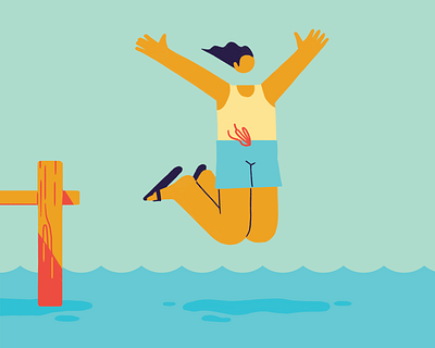 Pursue Joy 2d action character design dive dock flip flops happiness happy health illustration joyful jump lake lifestyle mental health mindful pool swim swimming