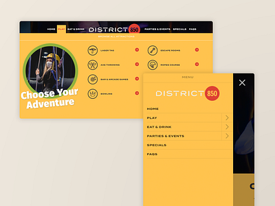 District 850 Desktop and Mobile Menu arcade bar design escape room iconography restaurant ux web web design