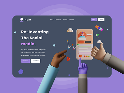 Social Media Landing Page UI Design - Dark Mode 3d 3d artist 3d illustration adobe xd blender blender3d clean dark mode design halo hero image hero section illustration landing page design madebyjibrily mockup presentation ui ux webdesign