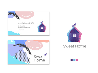 Sweet Home - Logo & Business Card apprarel logo artistic logo best logo design ideas 2020 bird logo botique house logo creative business card creative logo home logo house logo logo design inspiration real estate logo top logo designers 2020 watercolor branding watercolor business card design watercolor home watercolor logo