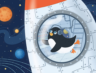 In space 2d art cartoon character charachter design children book illustration cute art digital art illustration penguin space