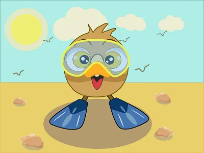Owlet, summer illustration, character for your b beach blue sky character for your book character owl happy owlet heat owl owlet owlet in flippers owlet in mask sand sea seagulls summer summer illustration sun
