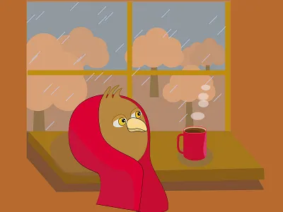 owlet, autumn illustration, autumn autumn autumn illustration bad weather bored owl character for your book coffee cold home comfort. owl owl character owl in a blanket owl on the sill owlet rain red blanket sad owl warming drink