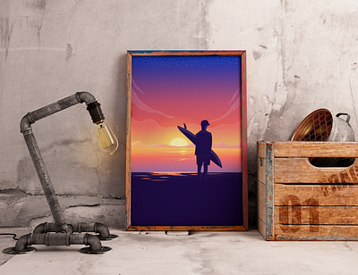 Sunset surfer active beach color coloring cover design flat illustration nature ocean person poster sea simple sunset surfer surfers surfing vector water