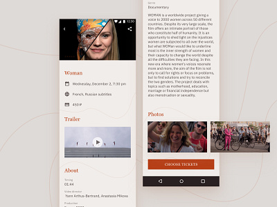 Cinema Ticket App Design by Nadezhda Akgiun afiche android app android app design android app development android design app design button cinémas documentary e ticket information app material design card materialdesign movie app online cinema redesign concept selector ticket booking ux design woman