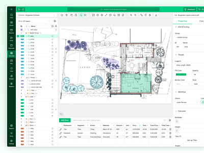 Blueprint Calculations Web Application app blueprint building construction drawing green header interface layers list sidebar tool ui web