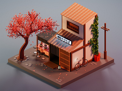 Noodle bar (神田やぶそば) 3d art bar blender blender3d illustration isometric japan japanese low poly low poly noodle render soba street