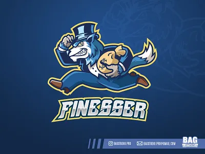Finesser Greedy Wolf Logo cartoon character fancy hat logo mascot money monopoly suit tuxedo werewolf wolf