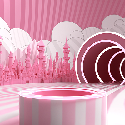 Maison presents The Sweet Factory 3d art 3d design 3d designer adobe dimension adobe illustrator cc adobe photoshop brand design brand identity castle exhibition design experiential design immersive installation art pink pop up retail design stripes vinyl white wishing well