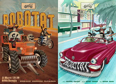 Robotat Surf Band Posters bmw concert entertainment illustration illustration art illustrations istanbul motorcycle music old car retro robotat rock and roll rockabilly surf surf band surf rok type typography underground