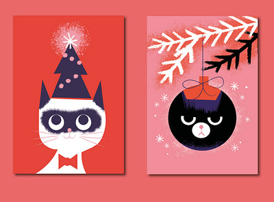 Cat Christmas Cards bah humbug card design cats christmas christmas card christmas tree digital illustration illustration jolly pink red