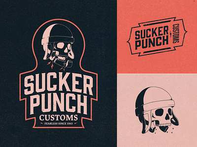 Sucker Punch Customs - Brand Identity badge badge design badge logo bikes brand design branding hand drawn helmet logo logo design motorcycle retro skull skull logo vintage vintage logo