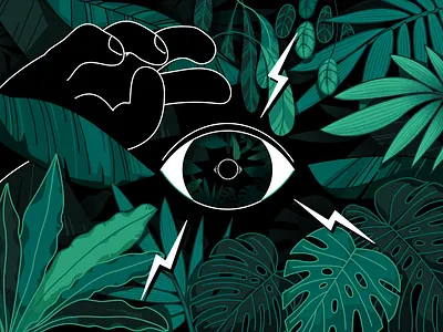 Jungle eye adventure amazon danger eye forest hand hidden illustration jungle leaves loop observe plants rainforest reflection secret tropical woods