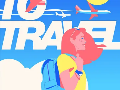 Time to travel air airline flat girl illustration plane poster travel vacation vector vectorillustration