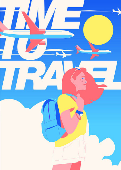 Time to travel air airline flat girl illustration plane poster travel vacation vector vectorillustration