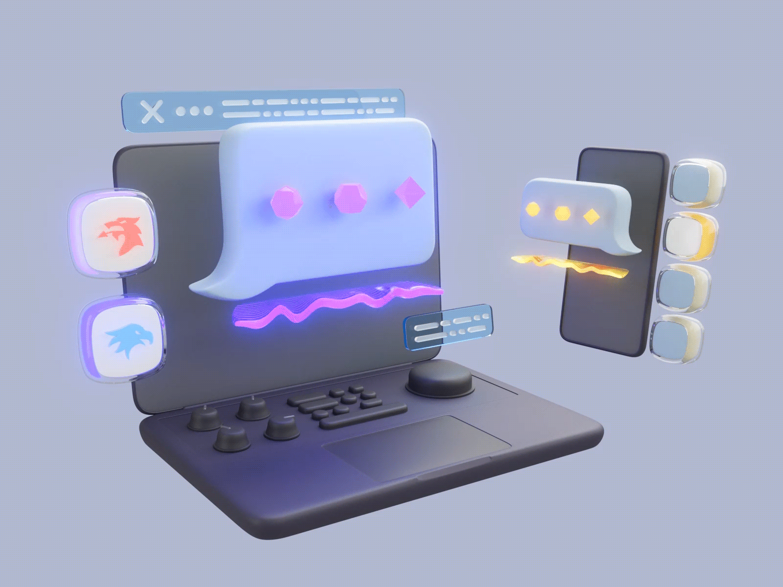 Learning Welsh - Campaign social media loop 3d 3d animation audio concept design devices language laptop learning platform messaging pastel colors translate welsh