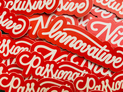 More Value Stickers! brand company custom type decals design goodtype handlettering identity inclusive innovative lettering nice passionate red script stickers typism values white